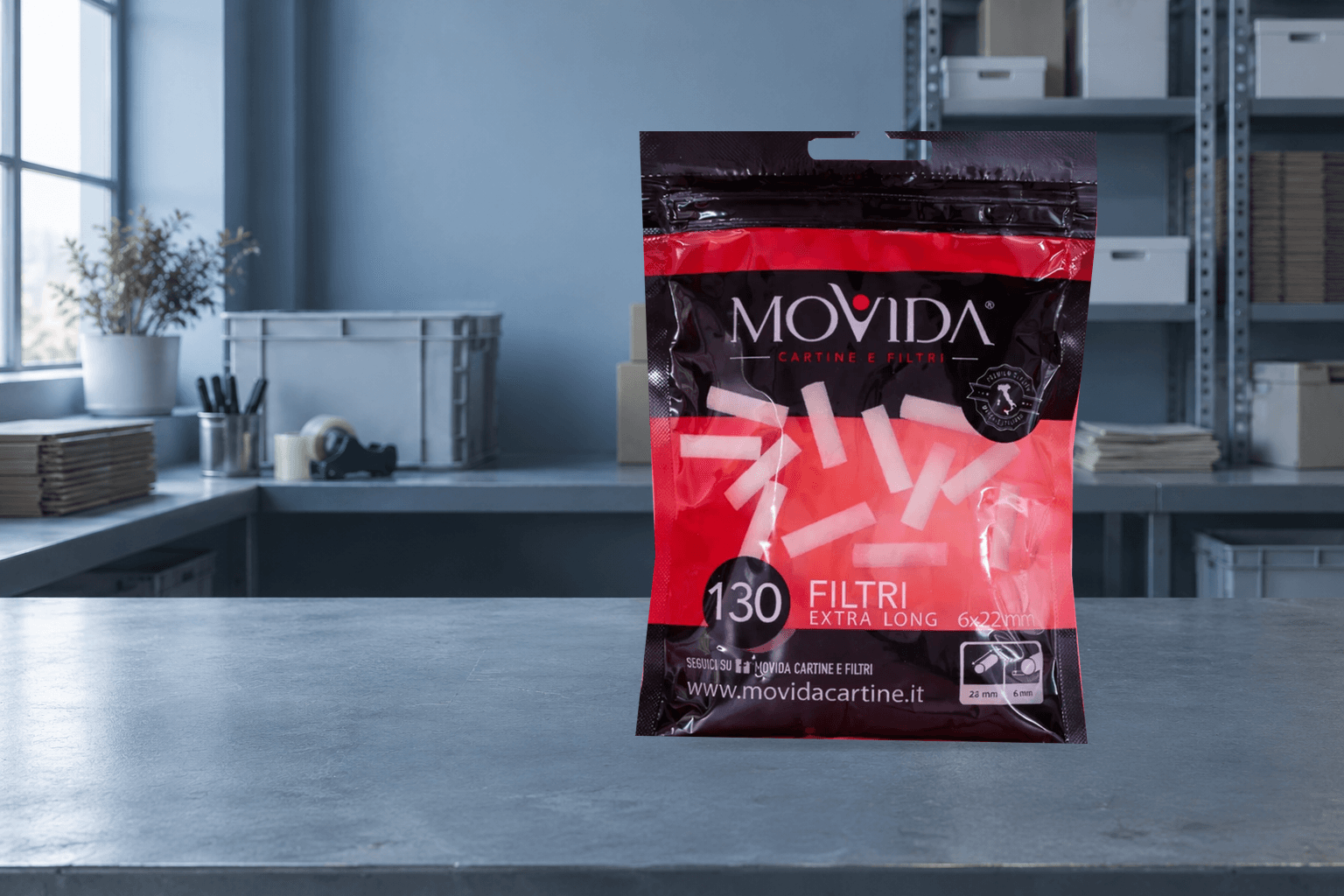 Busta Movida Extra Long su banco blu di preparazione ordini